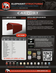 18x21 Vertical Roof Open Car Shelter