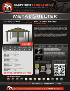 22x26 Metal Car Shelter with Gables
