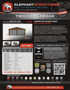 22x26x9 Two Car Garage with Brown Roof and Tan Walls.