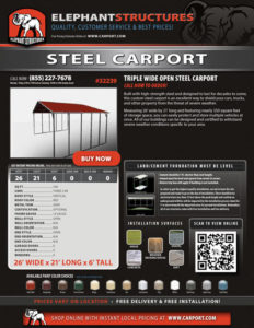 26x21 Triple Wide Open Steel carport