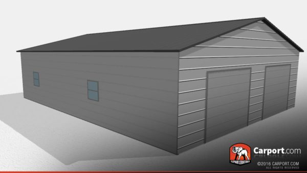 Side view of a two car garage building with two roll up garage doors and two windows on the side.