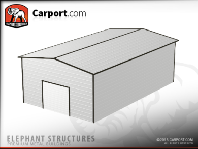 Double wide metal garage structure with white walls and roof, black trim.