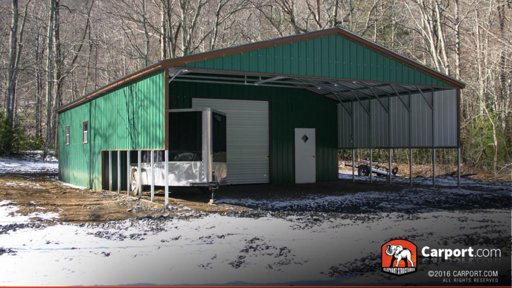 Double wide covered garage with half walls, gables, and a utility shed with doors.