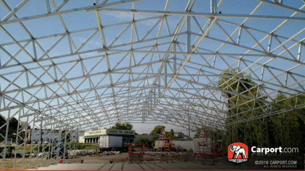 Commercial metal building being built, frame only.