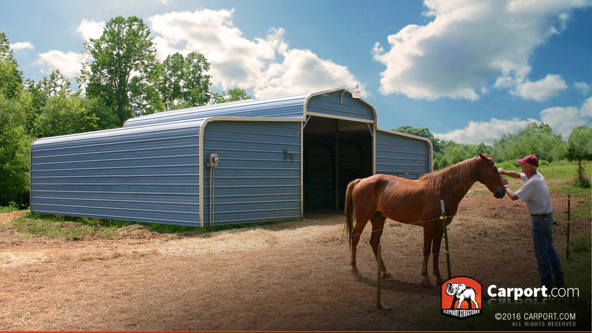 Country barn in background as a man pets horse in the foreground.