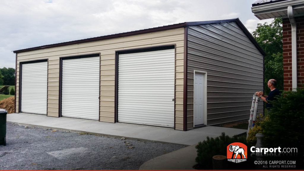Commercial Three Car Garage with Brown Roof and Clay Walls