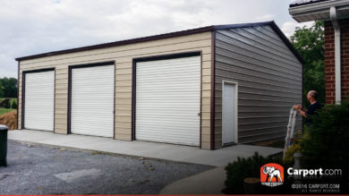 Commercial Three Car Garage with Brown Roof and Clay Walls